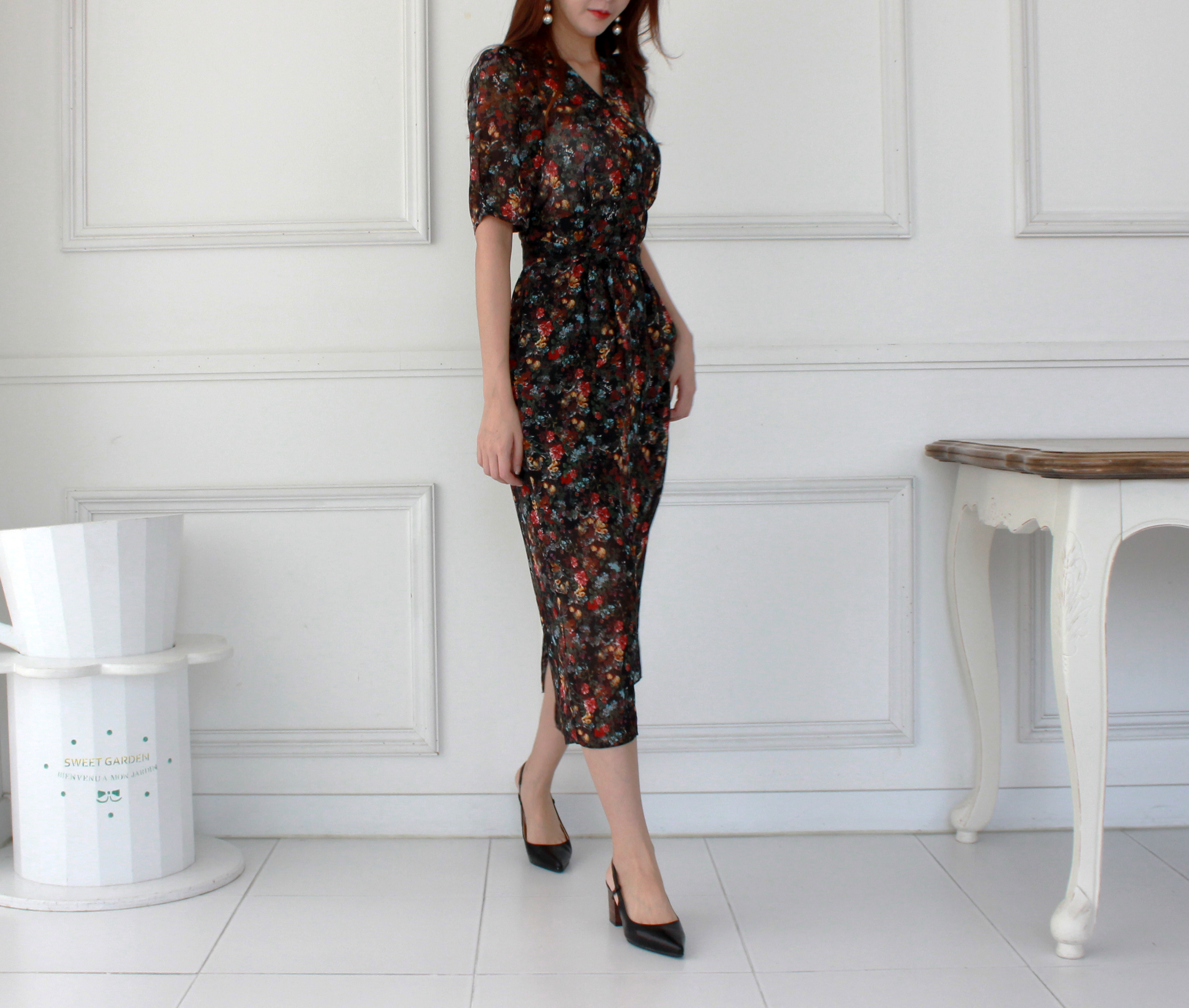 Guest Chiffon Flower Wrap Long Dress Red, Black, B