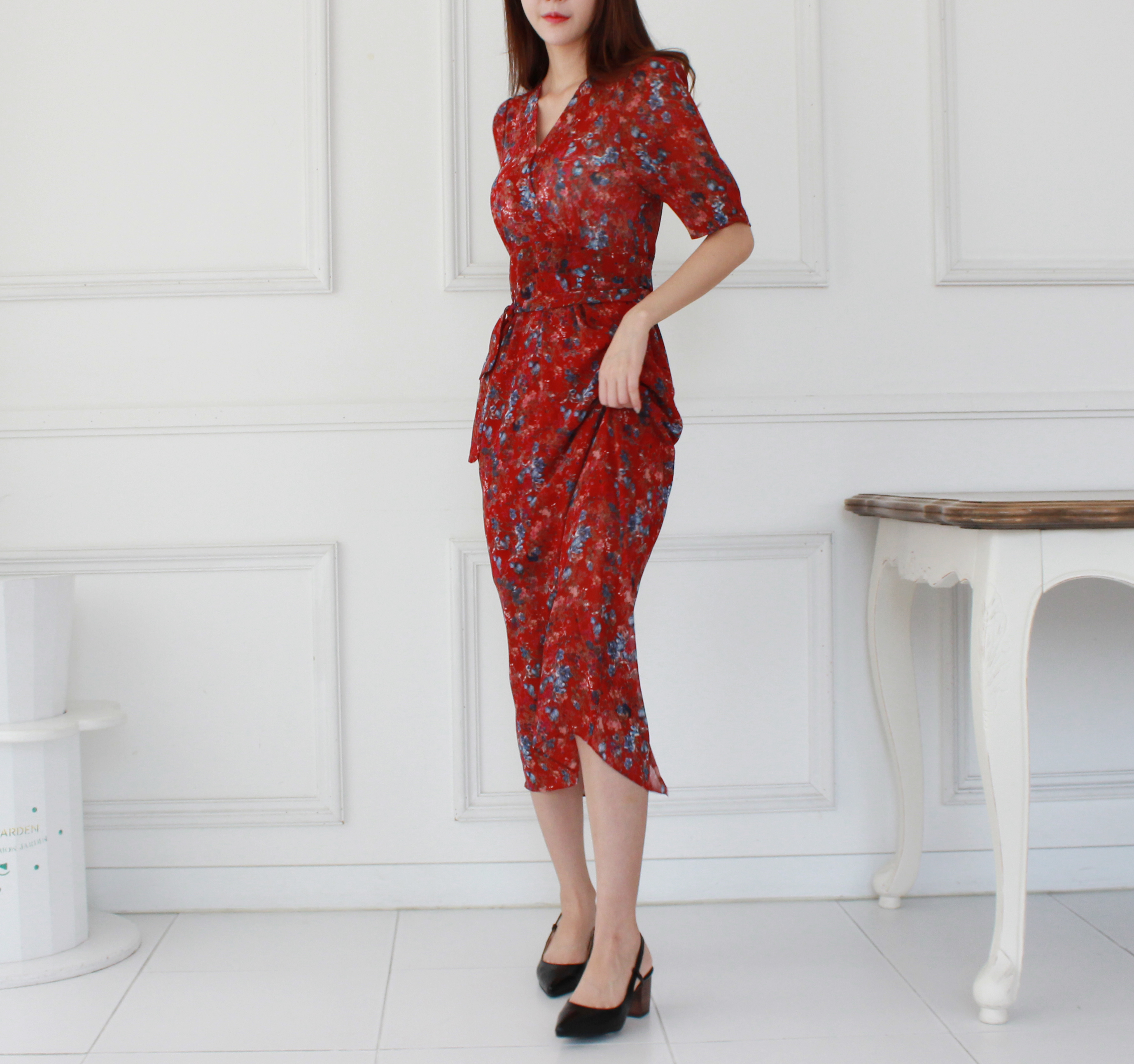 Guest Chiffon Flower Wrap Long Dress Red, Black, B