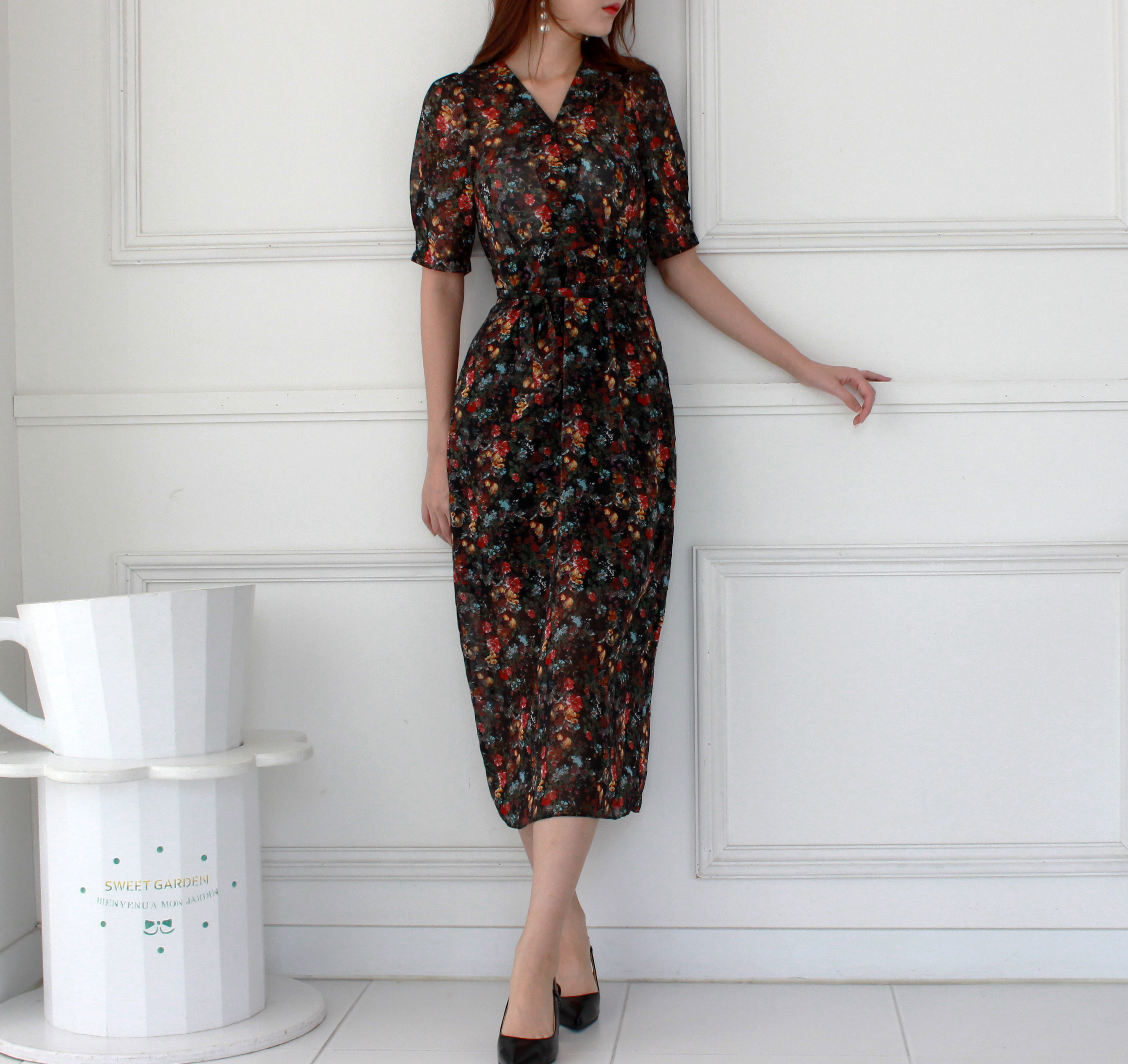 Guest Chiffon Flower Wrap Long Dress Red, Black, B