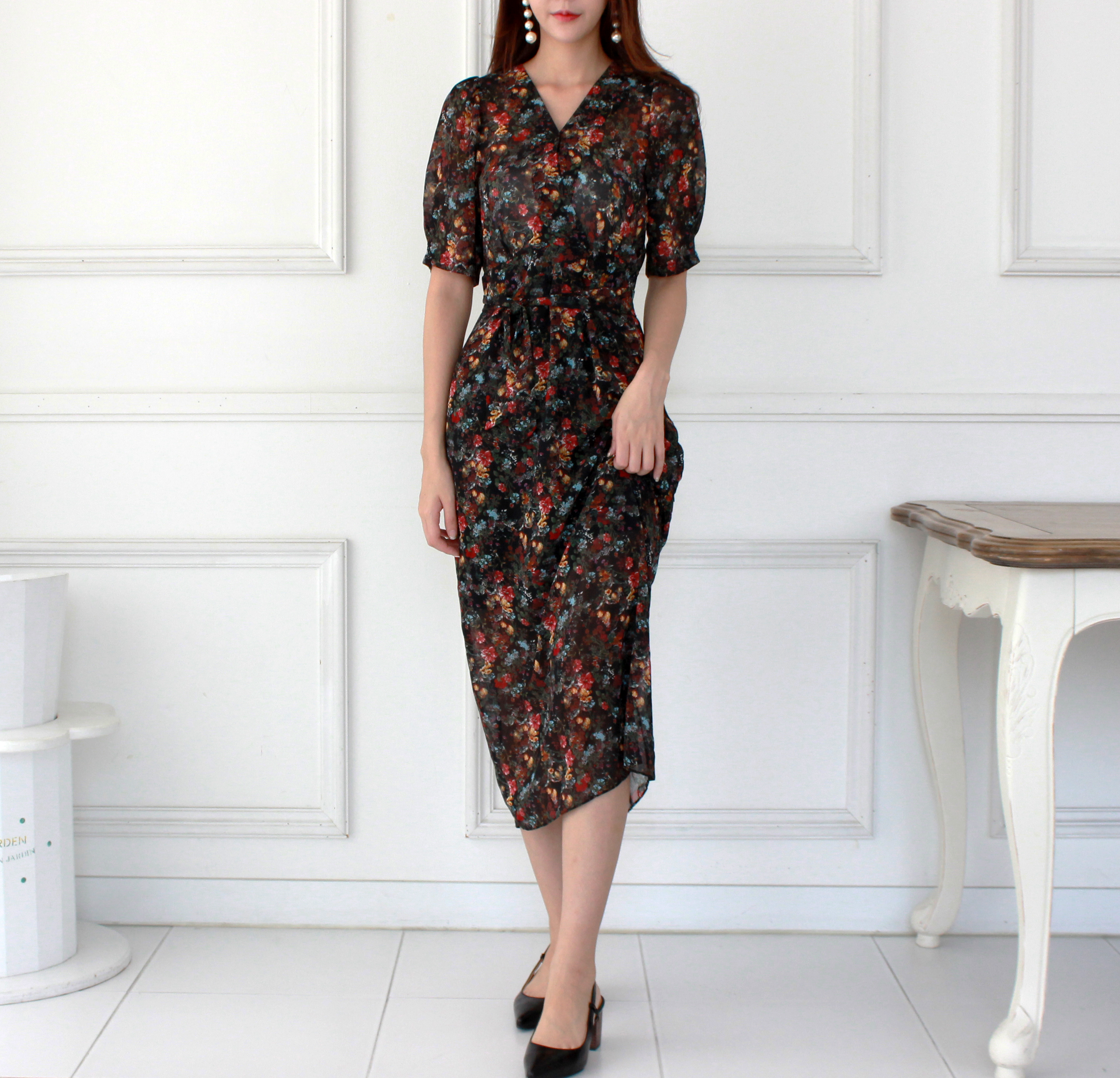 Guest Chiffon Flower Wrap Long Dress Red, Black, B