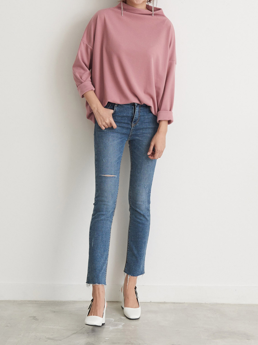 Half Neck Polar Long Sleeve Box T-shirt Women's