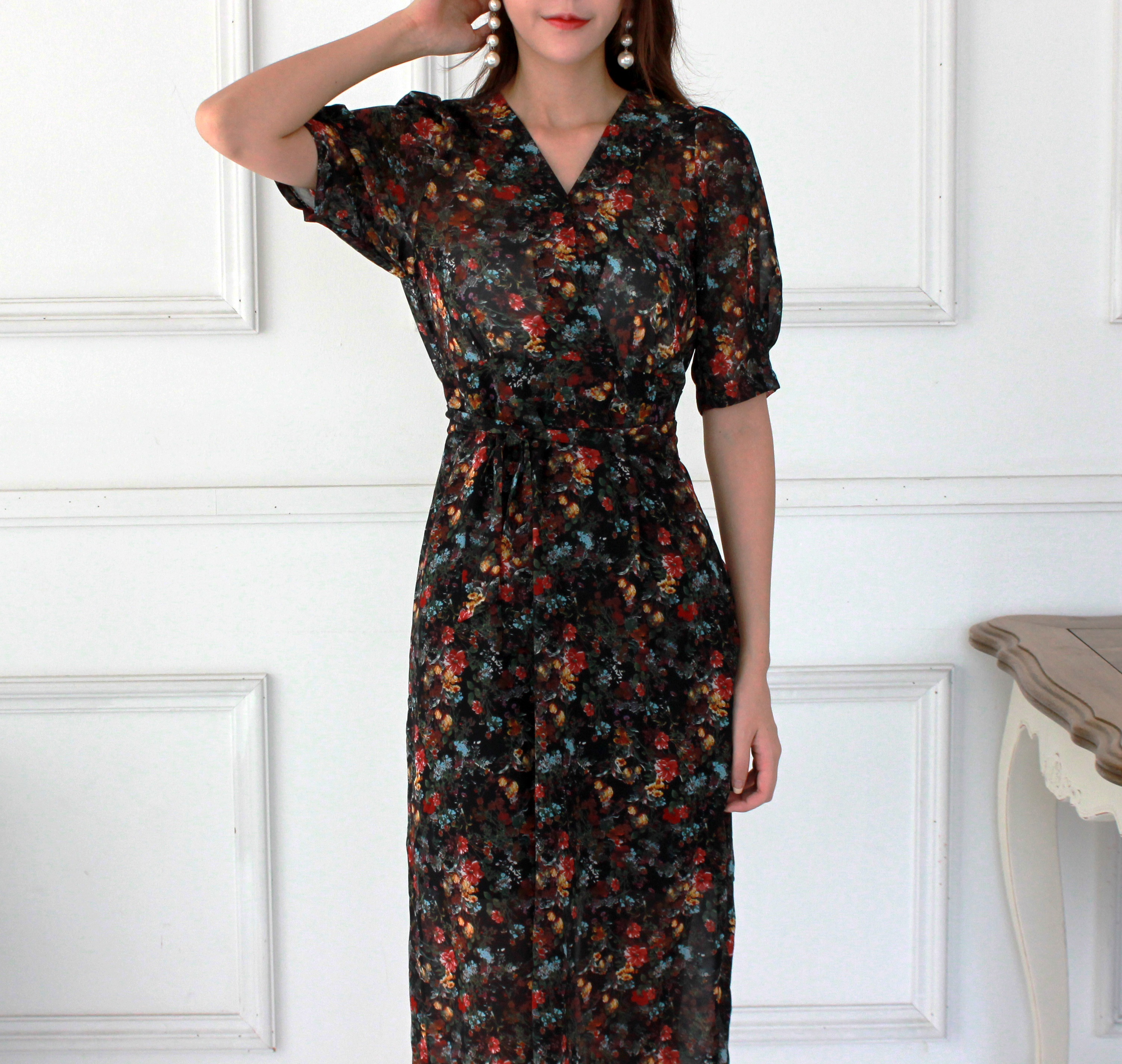 Guest Chiffon Flower Wrap Long Dress Red, Black, B