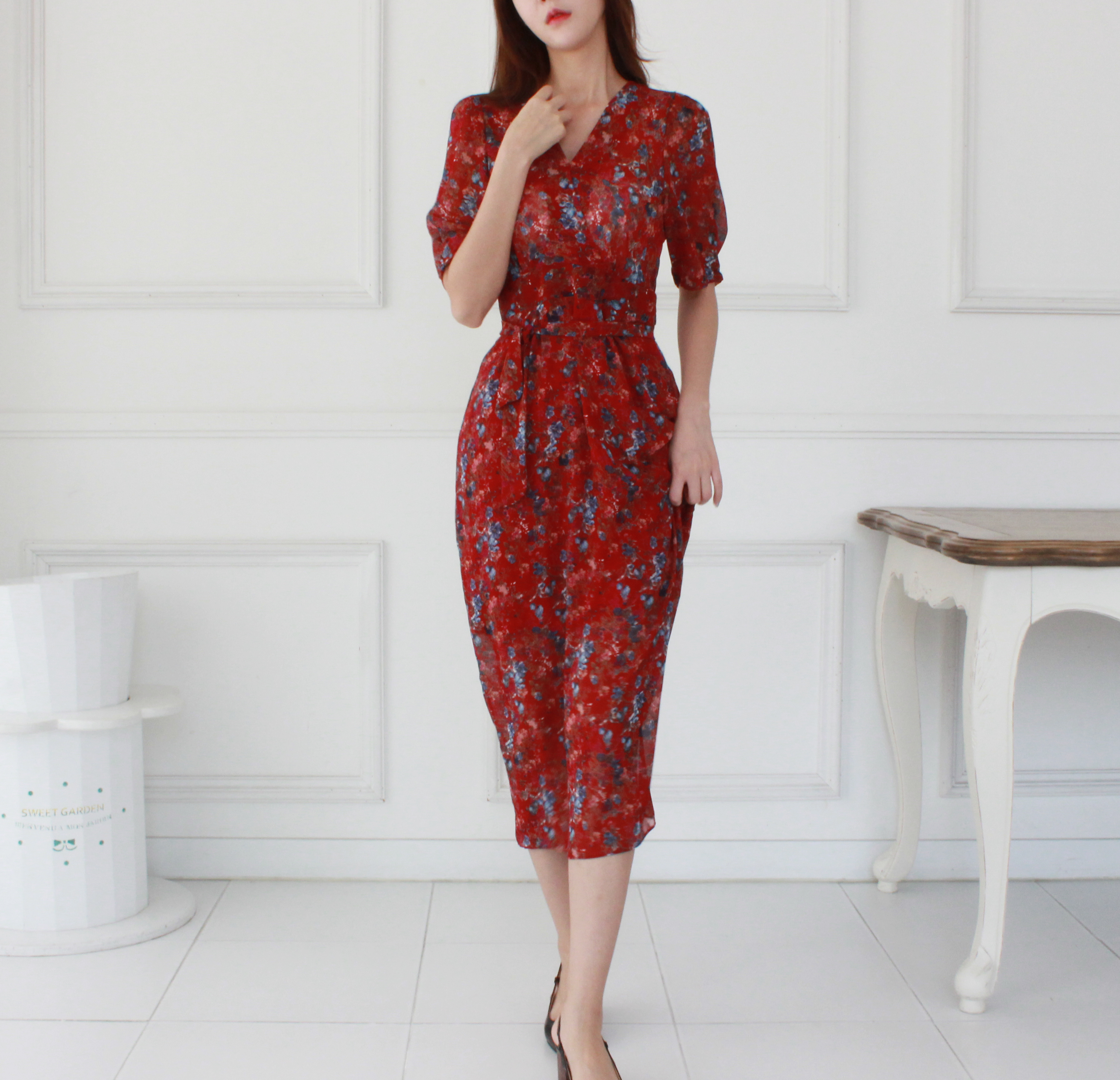 Guest Chiffon Flower Wrap Long Dress Red, Black, B