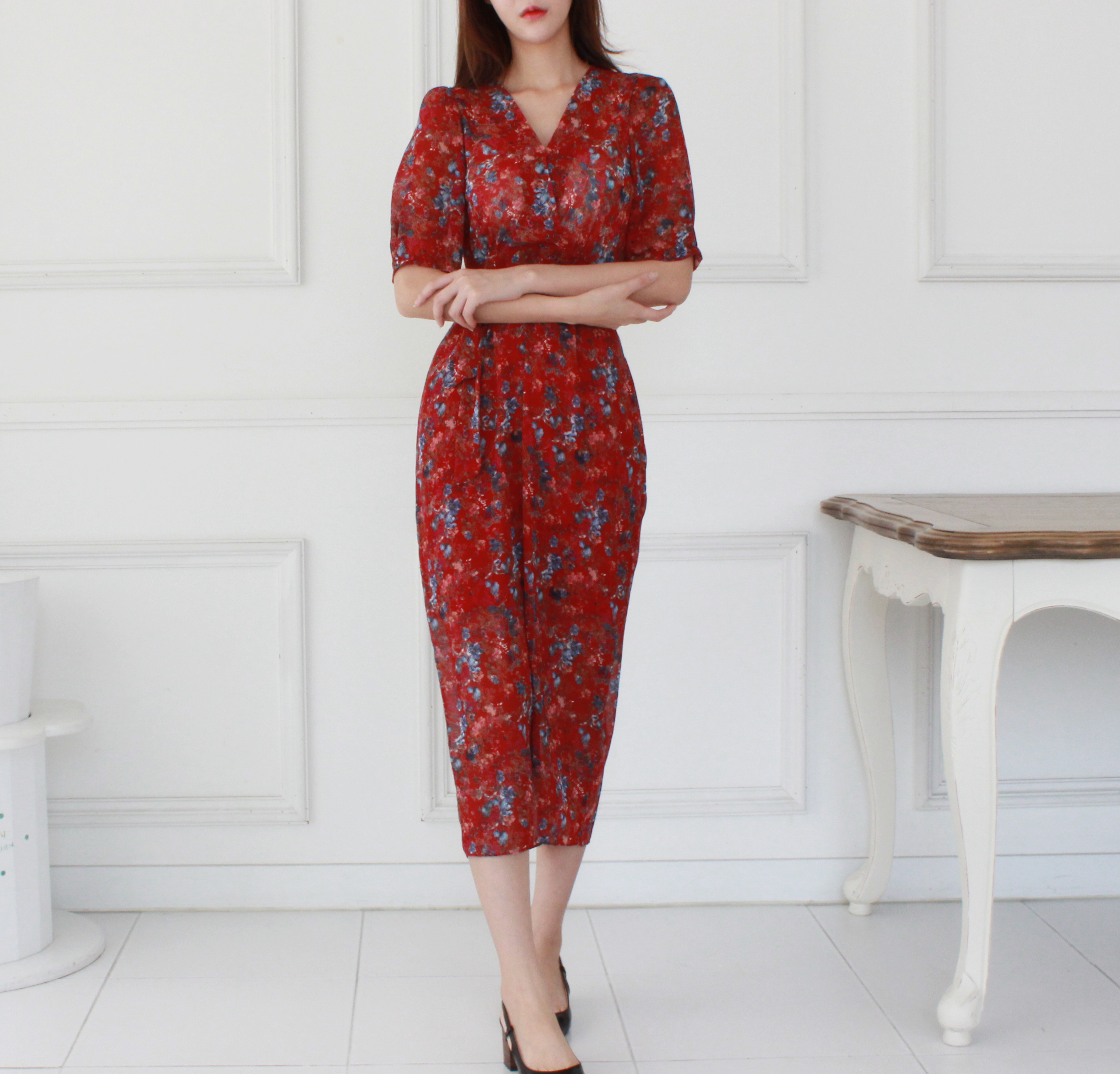 Guest Chiffon Flower Wrap Long Dress Red, Black, B