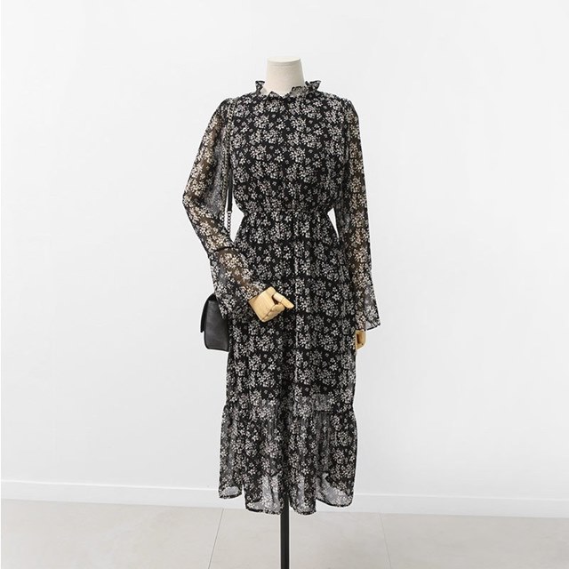 Autumn Banding Flower Chiffon Long Dress Waist Che