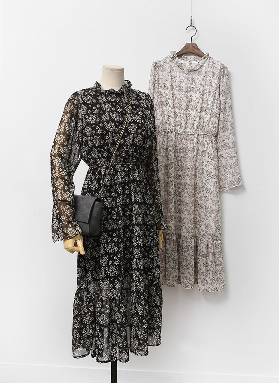 Autumn Banding Flower Chiffon Long Dress Waist Che