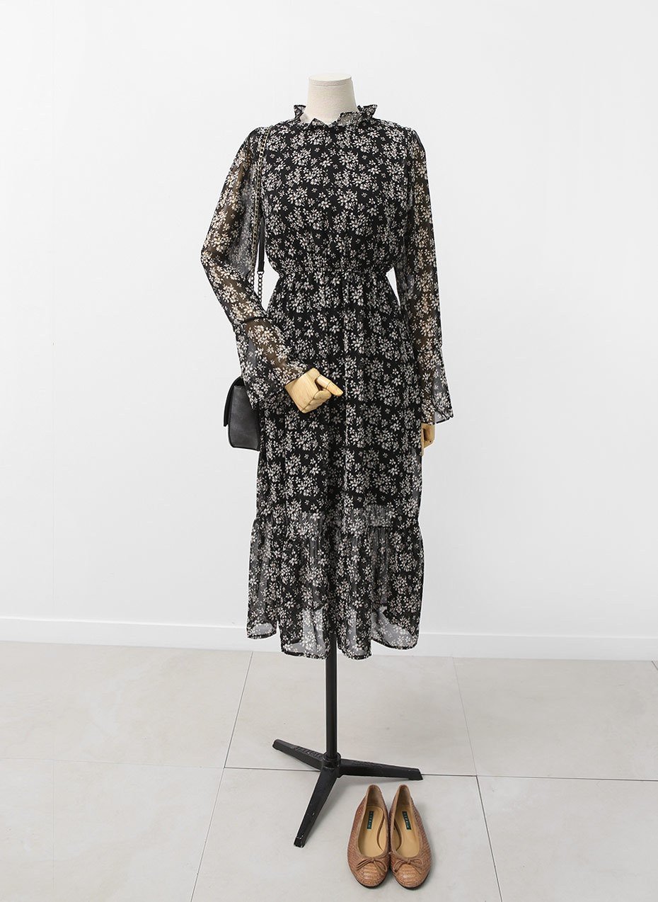 Autumn Banding Flower Chiffon Long Dress Waist Che