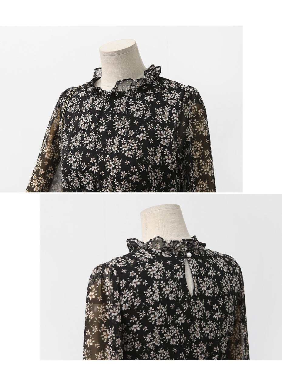 Autumn Banding Flower Chiffon Long Dress Waist Che