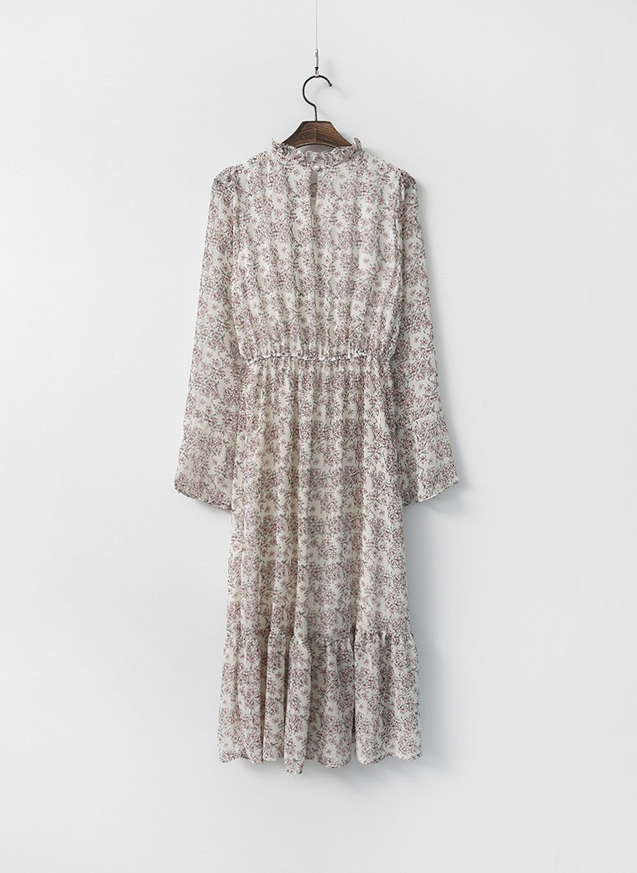 Autumn Banding Flower Chiffon Long Dress Waist Che