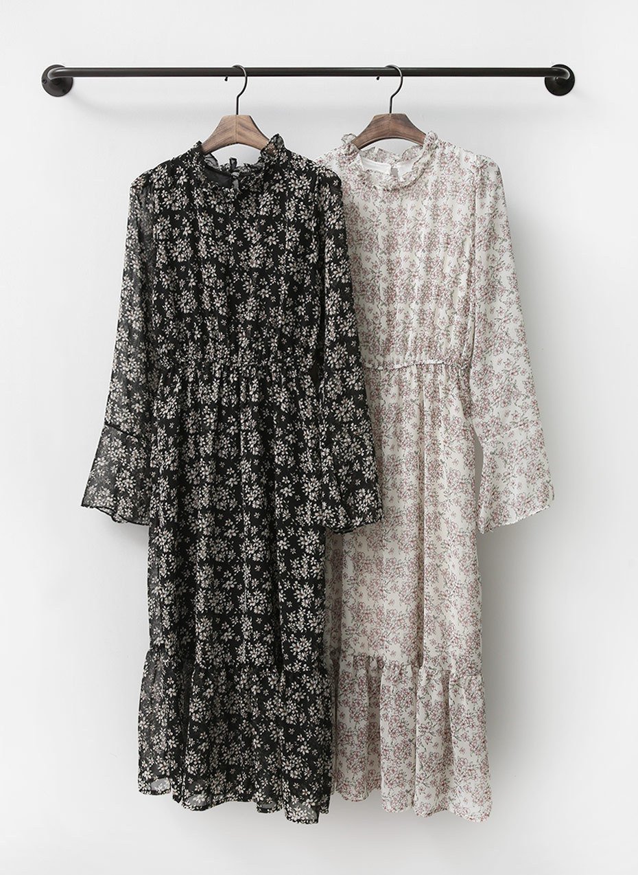 Autumn Banding Flower Chiffon Long Dress Waist Che