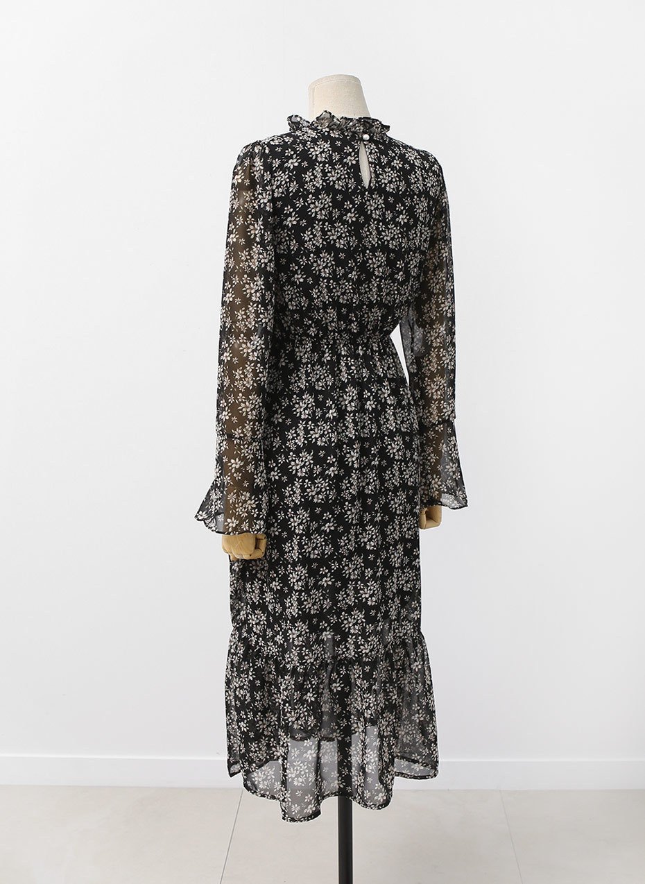 Autumn Banding Flower Chiffon Long Dress Waist Che