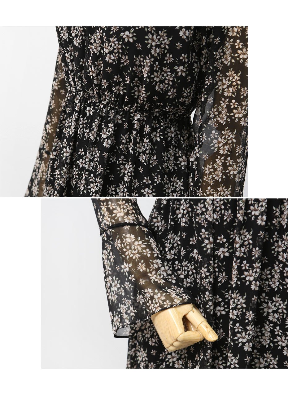 Autumn Banding Flower Chiffon Long Dress Waist Che