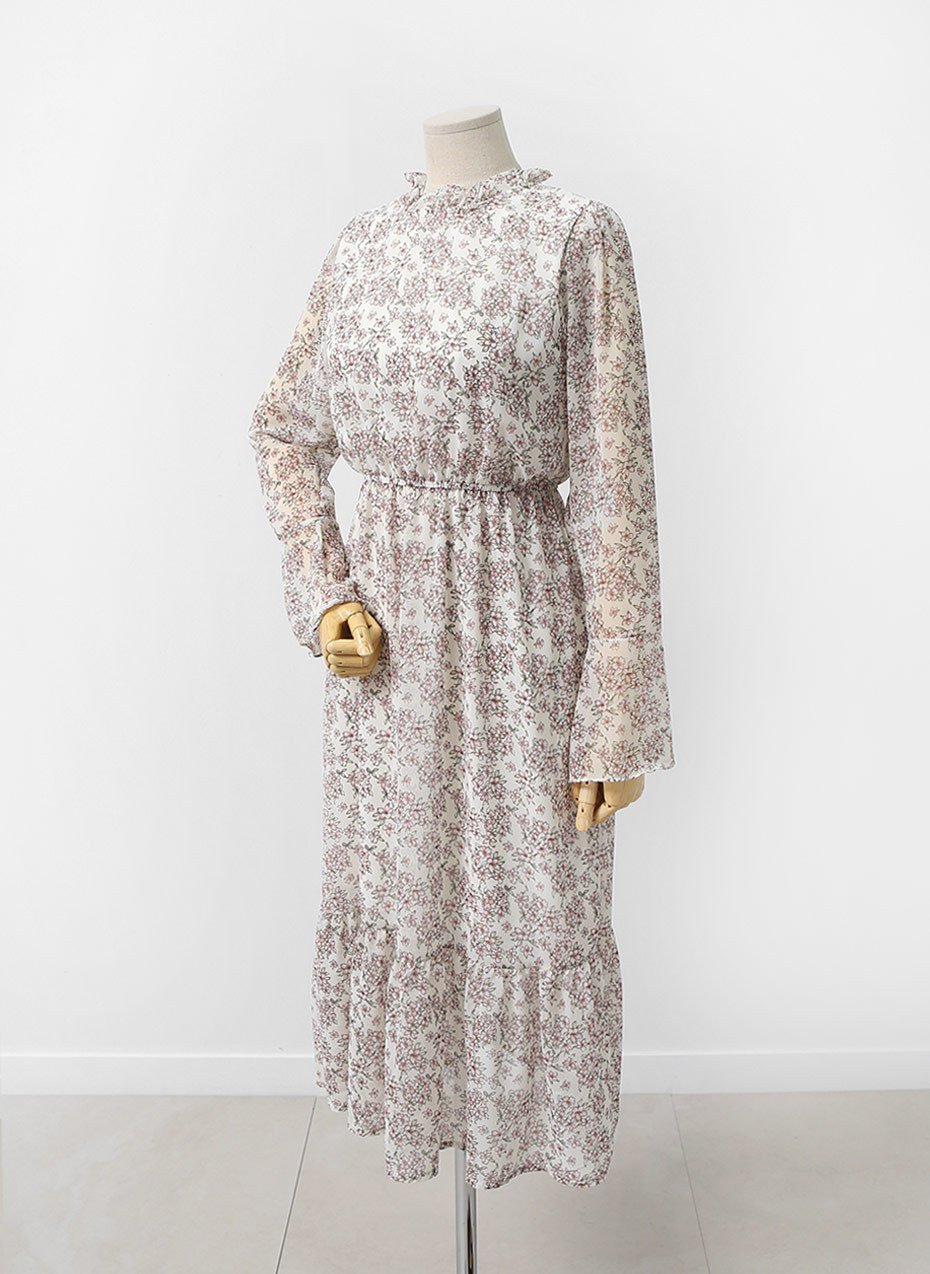 Autumn Banding Flower Chiffon Long Dress Waist Che