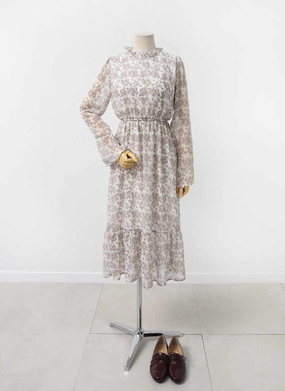 Autumn Banding Flower Chiffon Long Dress Waist Che