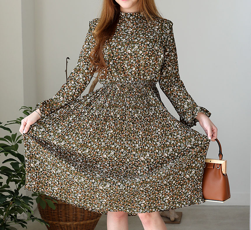 Autumn chiffon flower wrinkle dress long coordinat