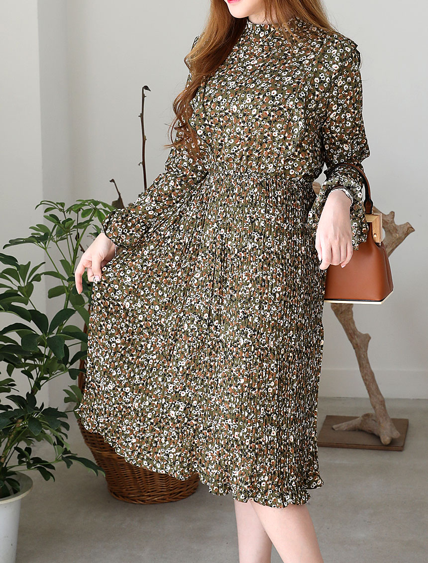 Autumn chiffon flower wrinkle dress long coordinat