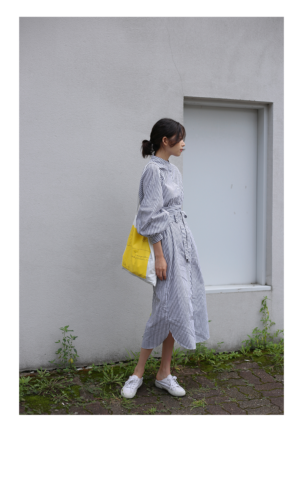 New Balloon Sleeve Striped Shirt Long Dress Waistb