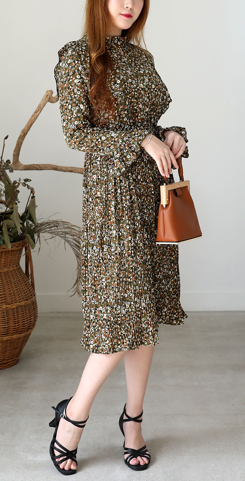 Autumn chiffon flower wrinkle dress long coordinat