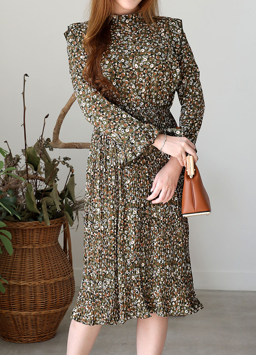 Autumn chiffon flower wrinkle dress long coordinat