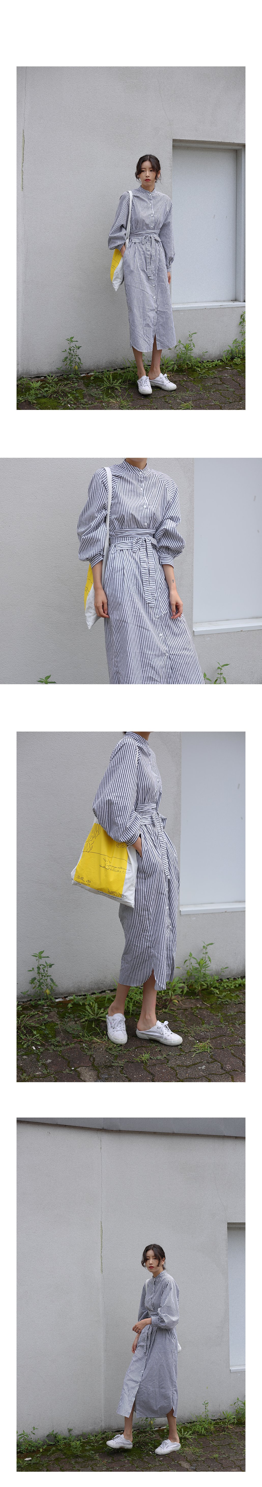 New Balloon Sleeve Striped Shirt Long Dress Waistb