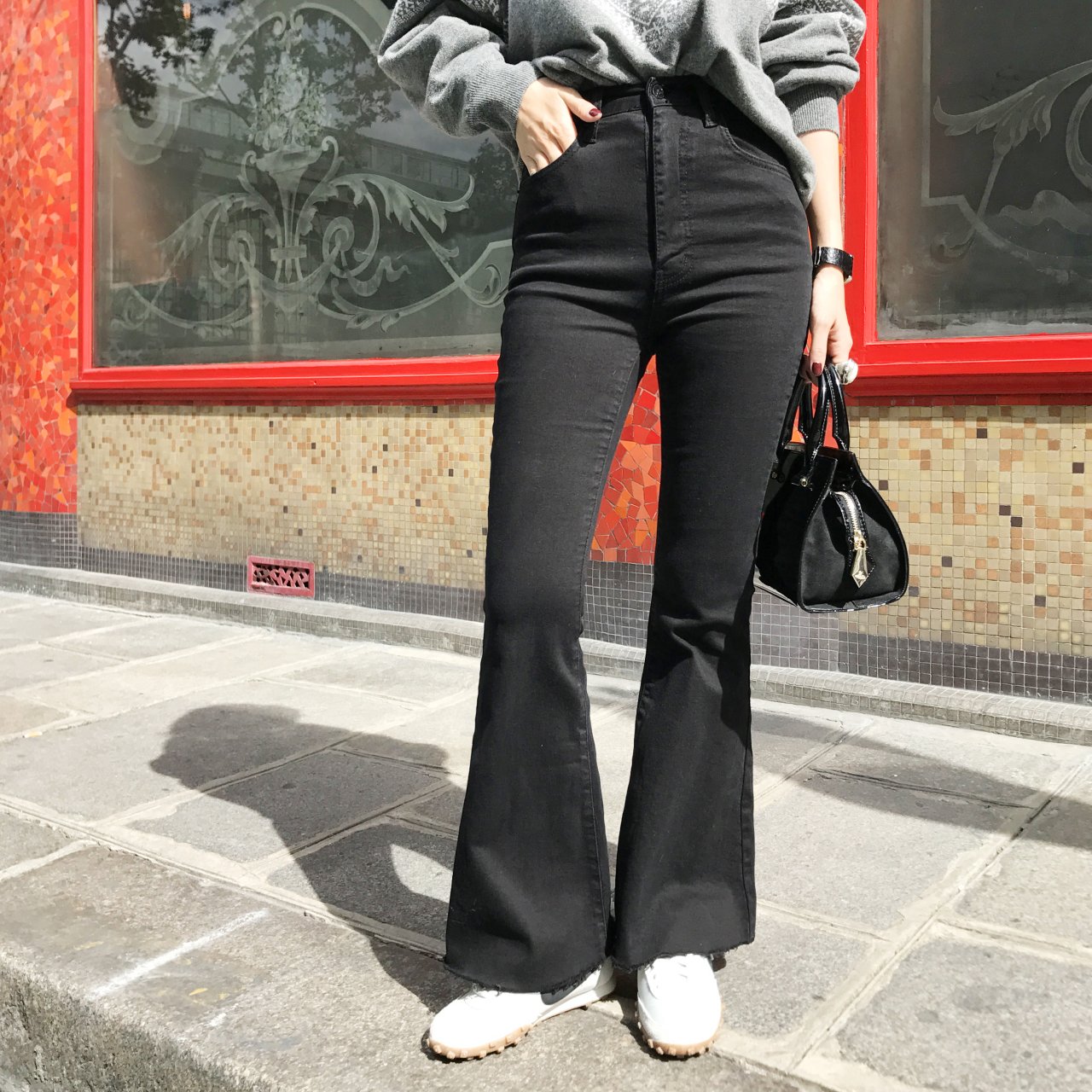 Korea Jeans Pants Square x2 Black Boots Cut High-w