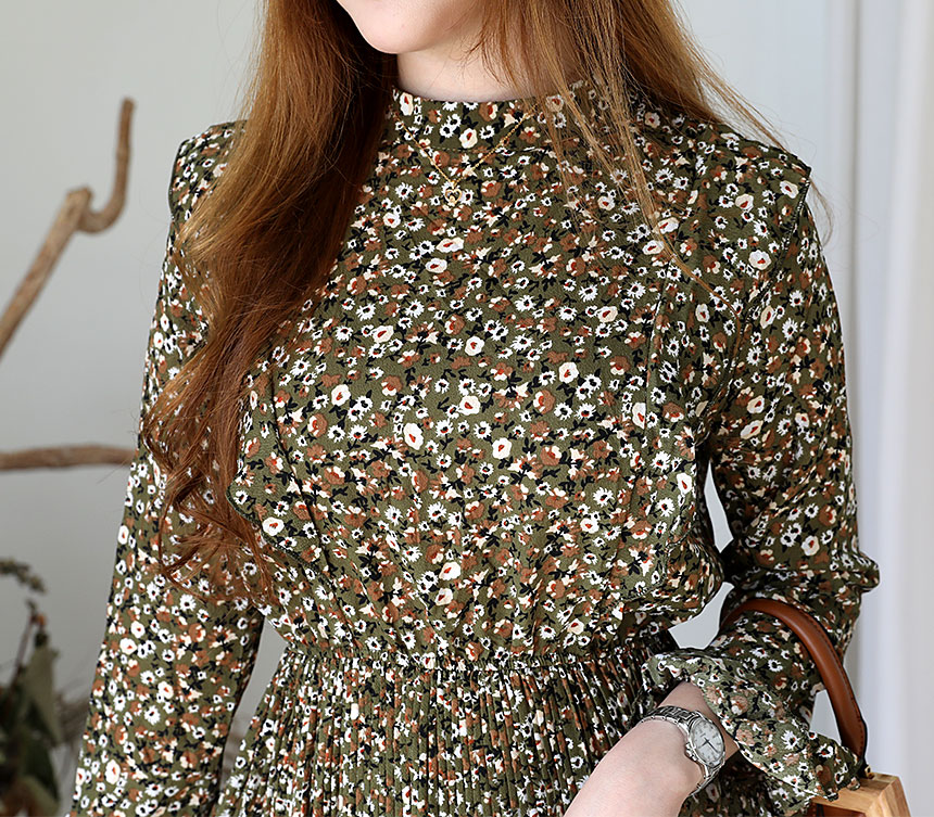 Autumn chiffon flower wrinkle dress long coordinat