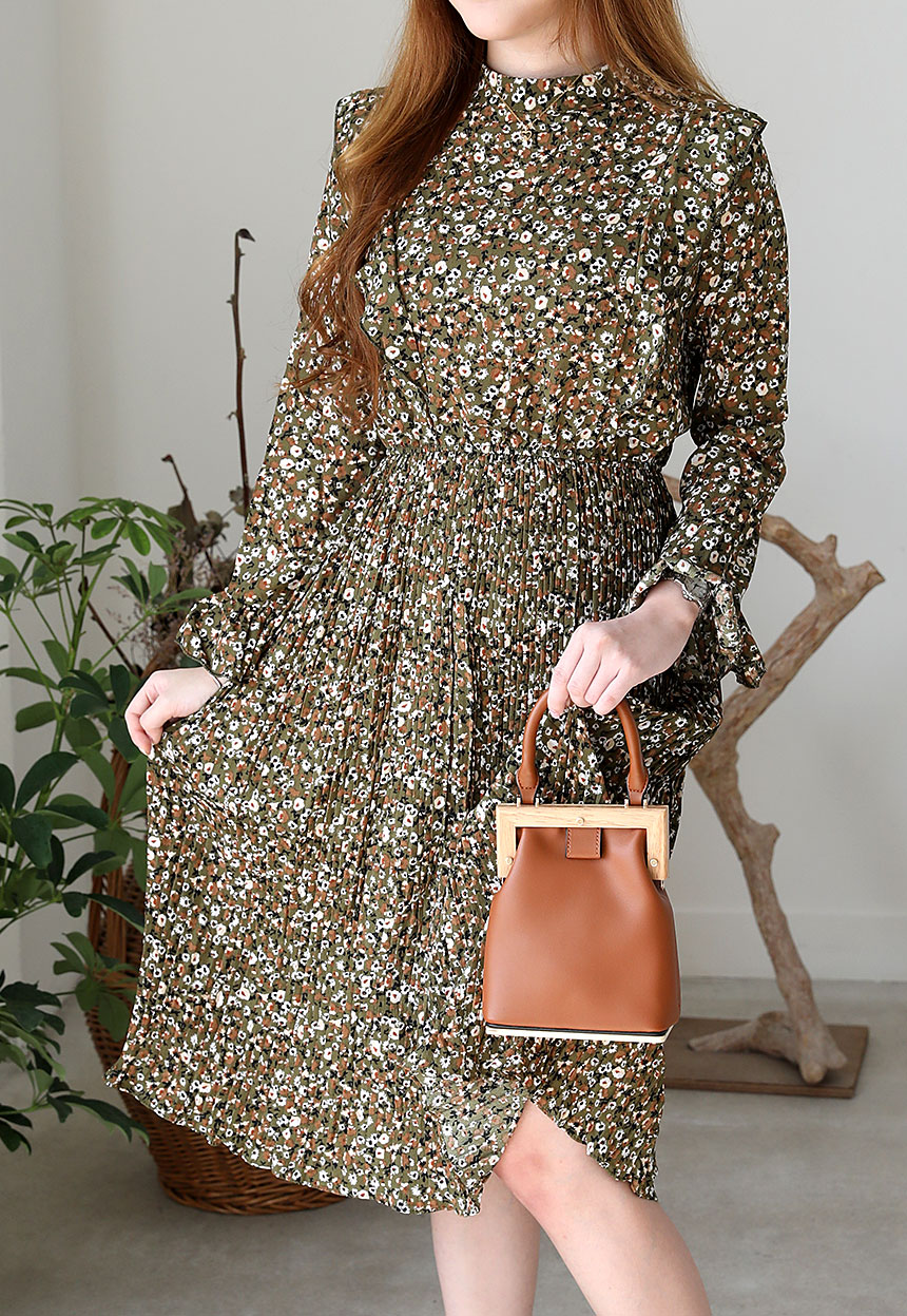 Autumn chiffon flower wrinkle dress long coordinat