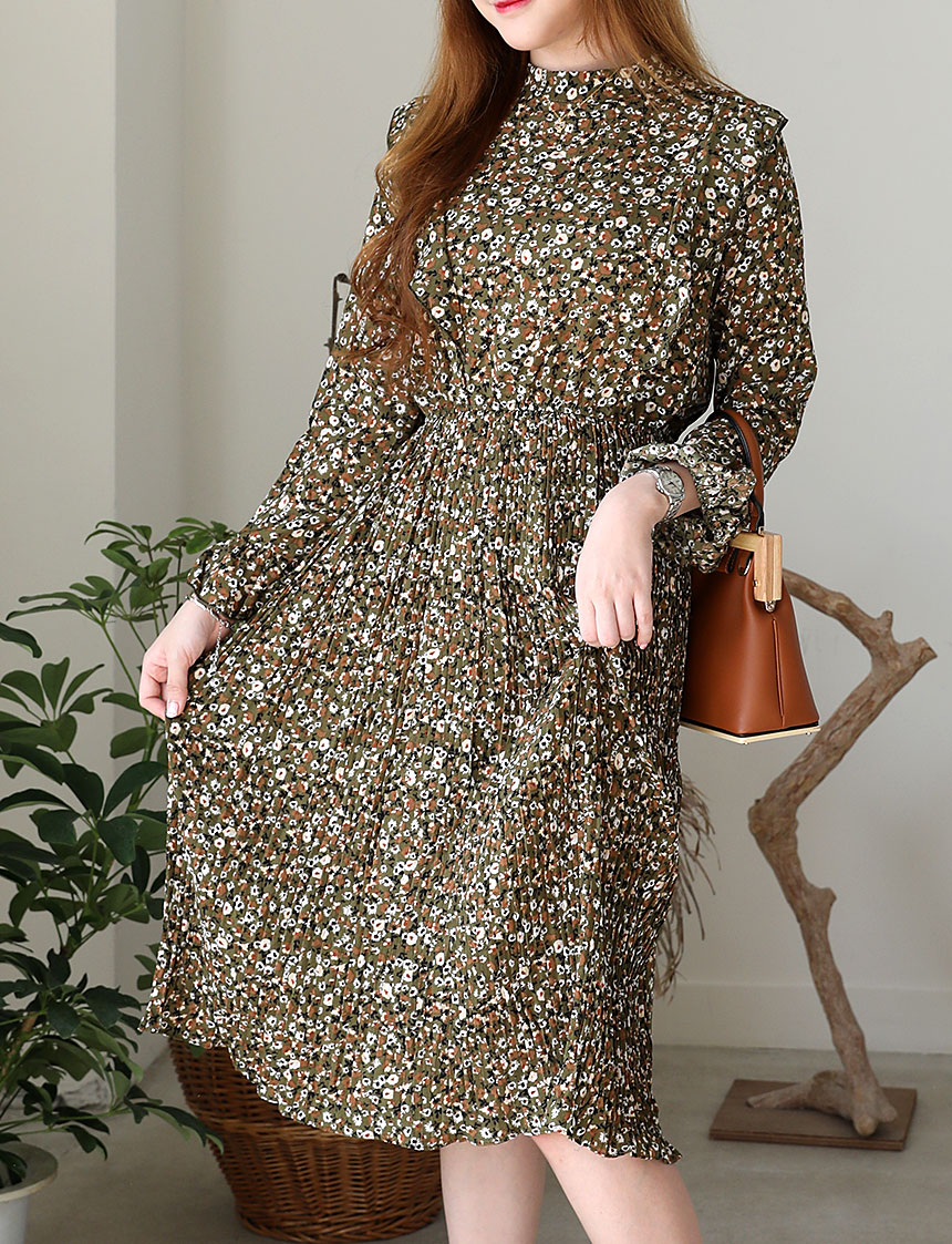 Autumn chiffon flower wrinkle dress long coordinat