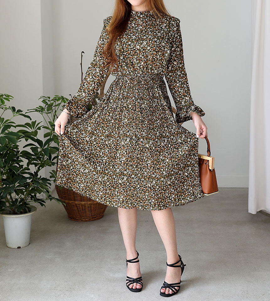 Autumn chiffon flower wrinkle dress long coordinat