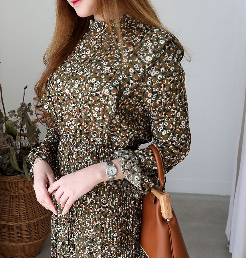 Autumn chiffon flower wrinkle dress long coordinat