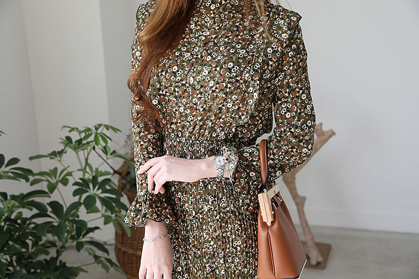 Autumn chiffon flower wrinkle dress long coordinat