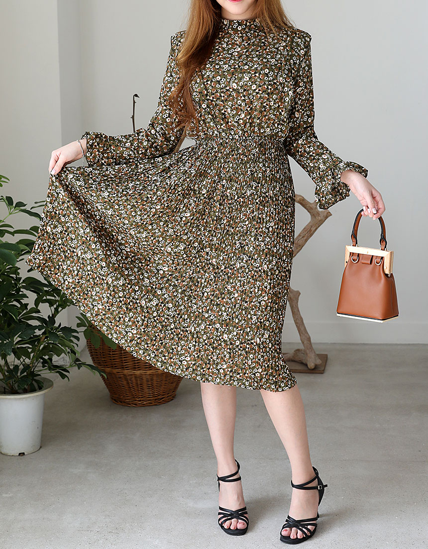 Autumn chiffon flower wrinkle dress long coordinat