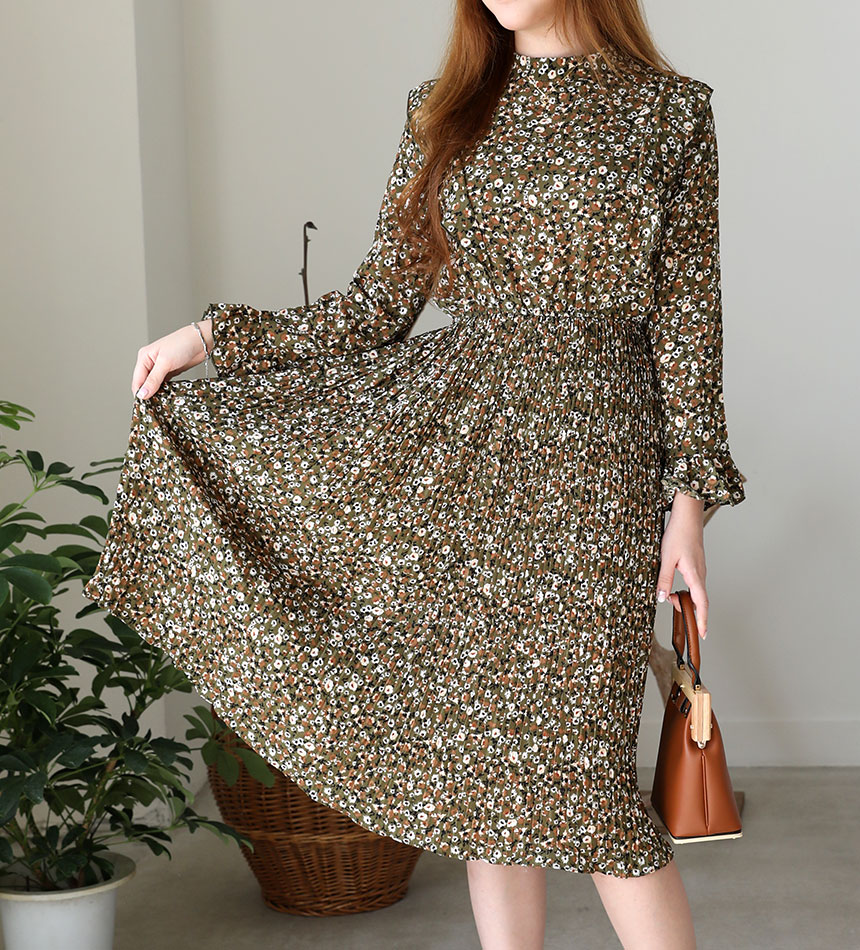 Autumn chiffon flower wrinkle dress long coordinat