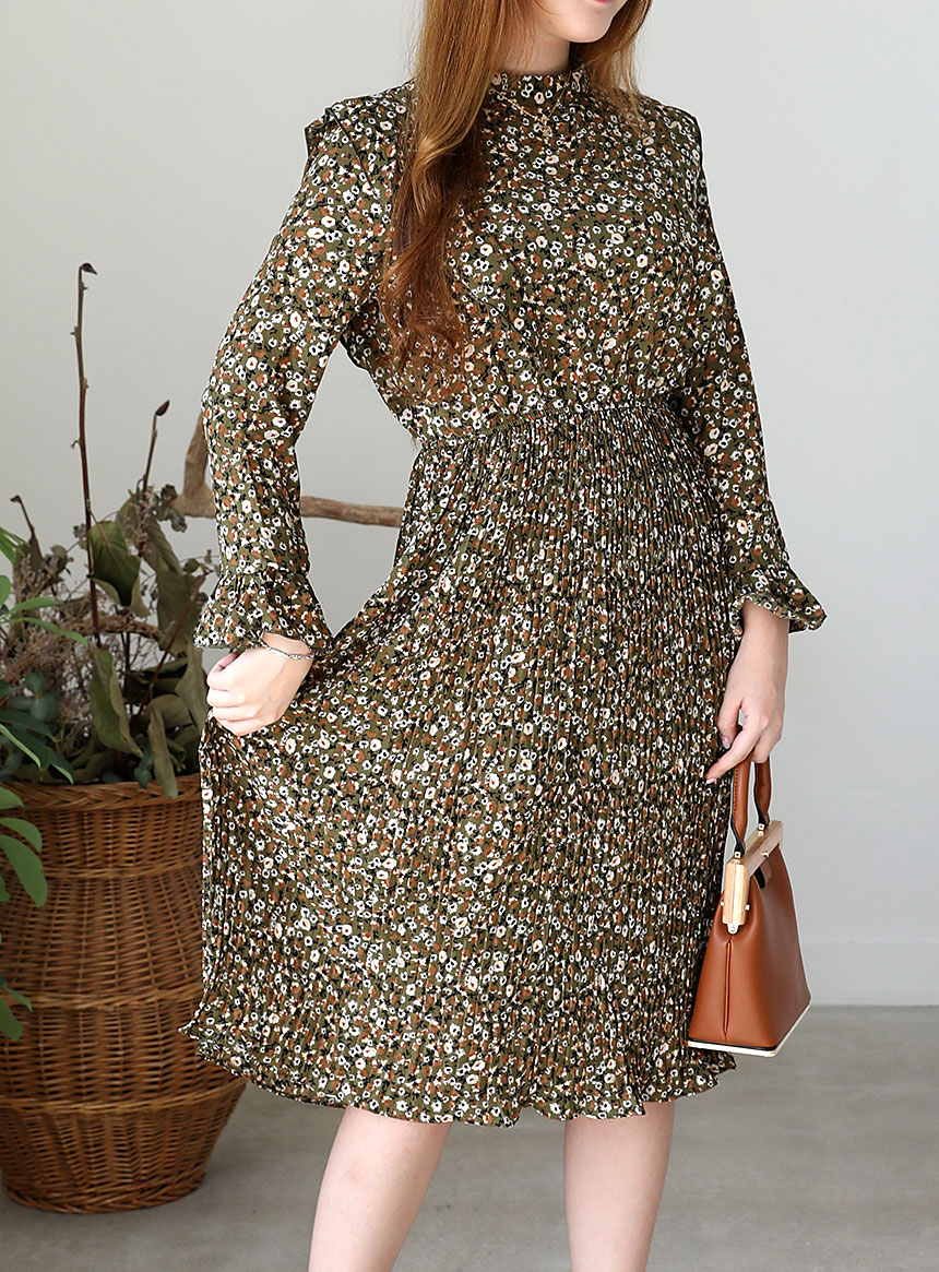 Autumn chiffon flower wrinkle dress long coordinat