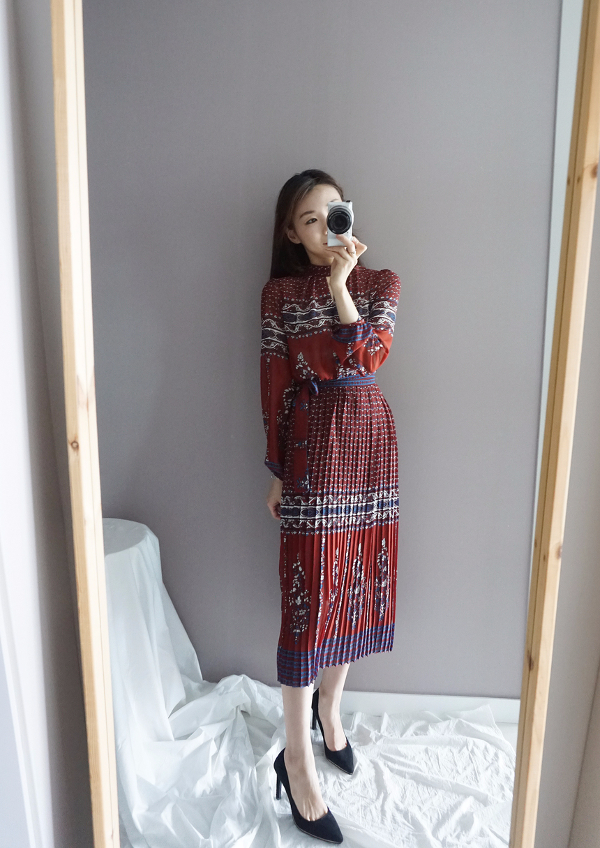 Chiffon Pleated Ethnic Long Dress Fall Collar 2col