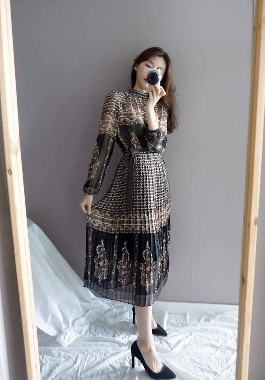 Chiffon Pleated Ethnic Long Dress Fall Collar 2col