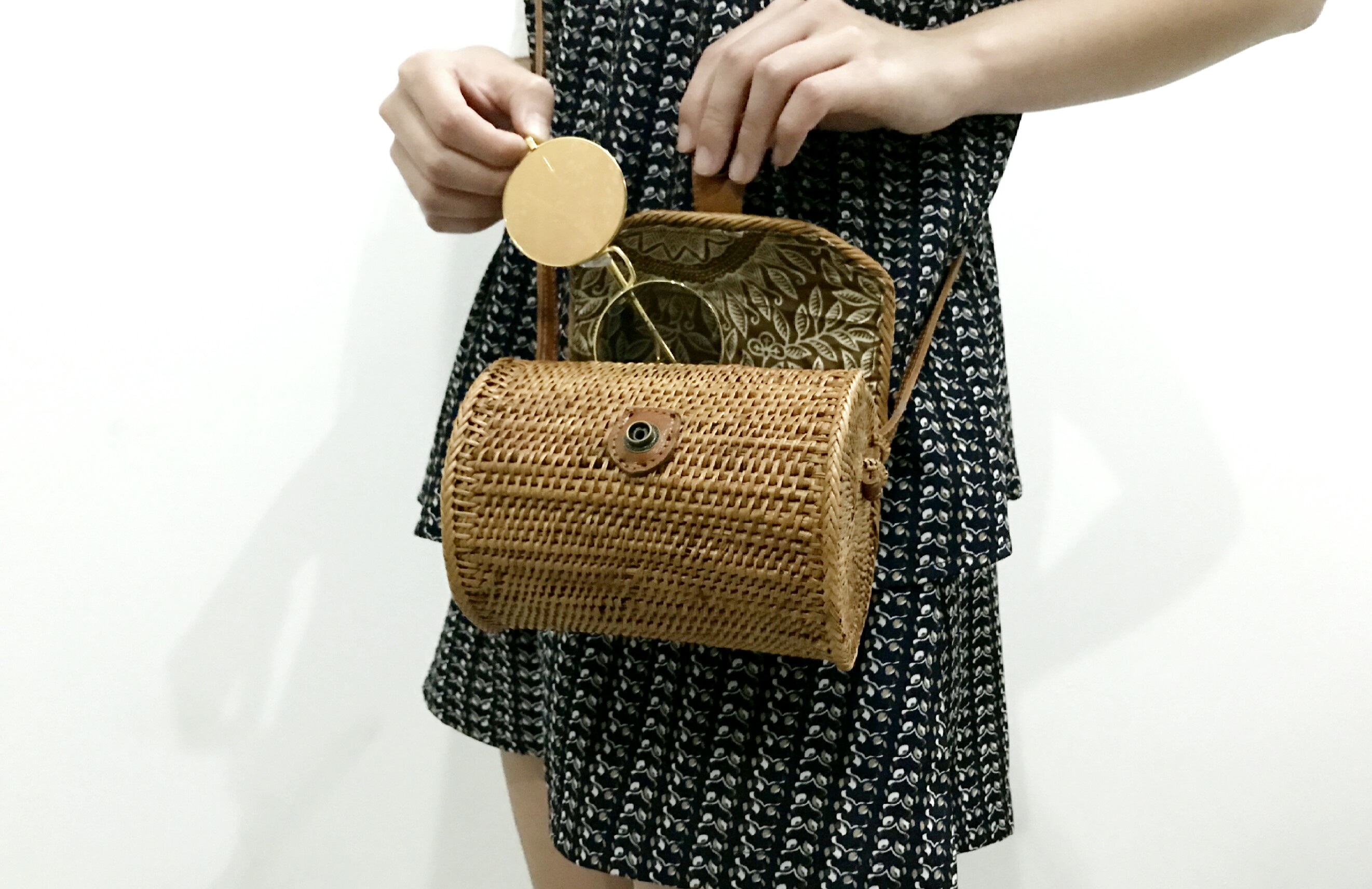 New Balinese Ratan Mini Cross Bag Round Cylinder B