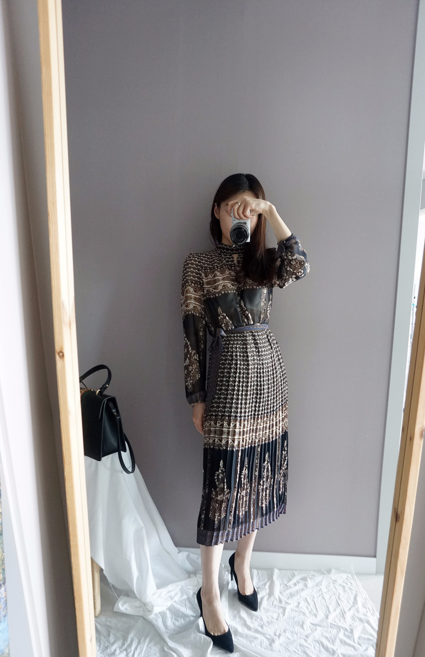 Chiffon Pleated Ethnic Long Dress Fall Collar 2col