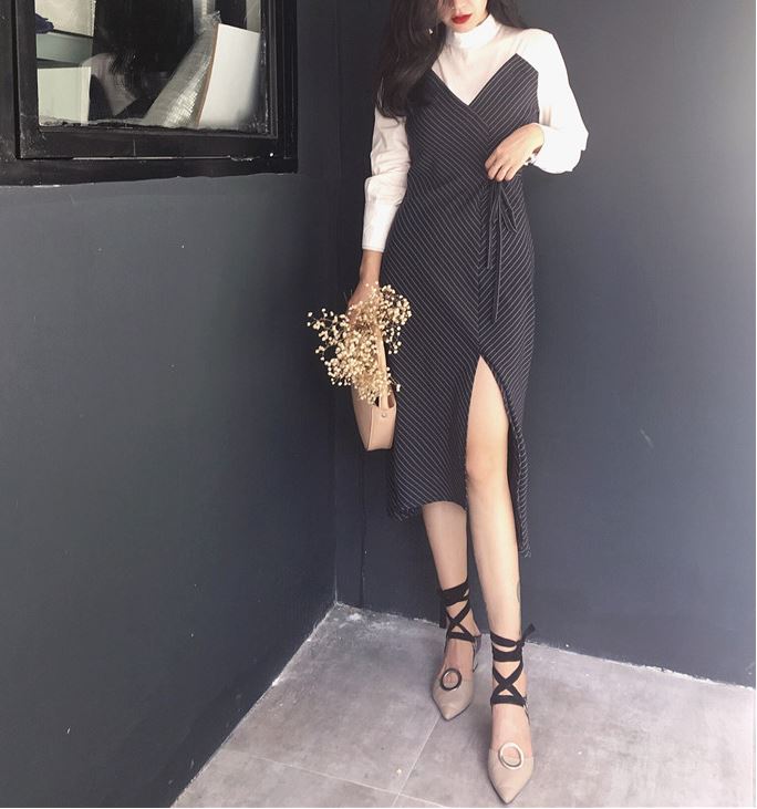 New Vanity Slim Fit Stripe Wrap Dresses Layered Sh