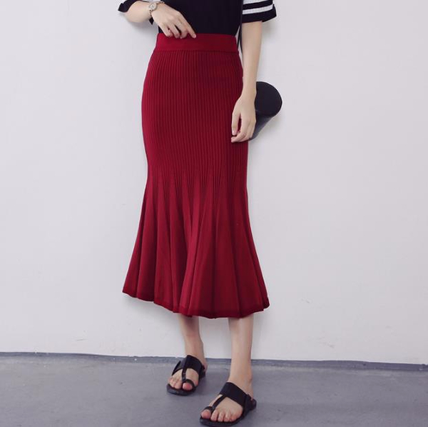J-knit long skirt pleat 3color womens ruffle Merma