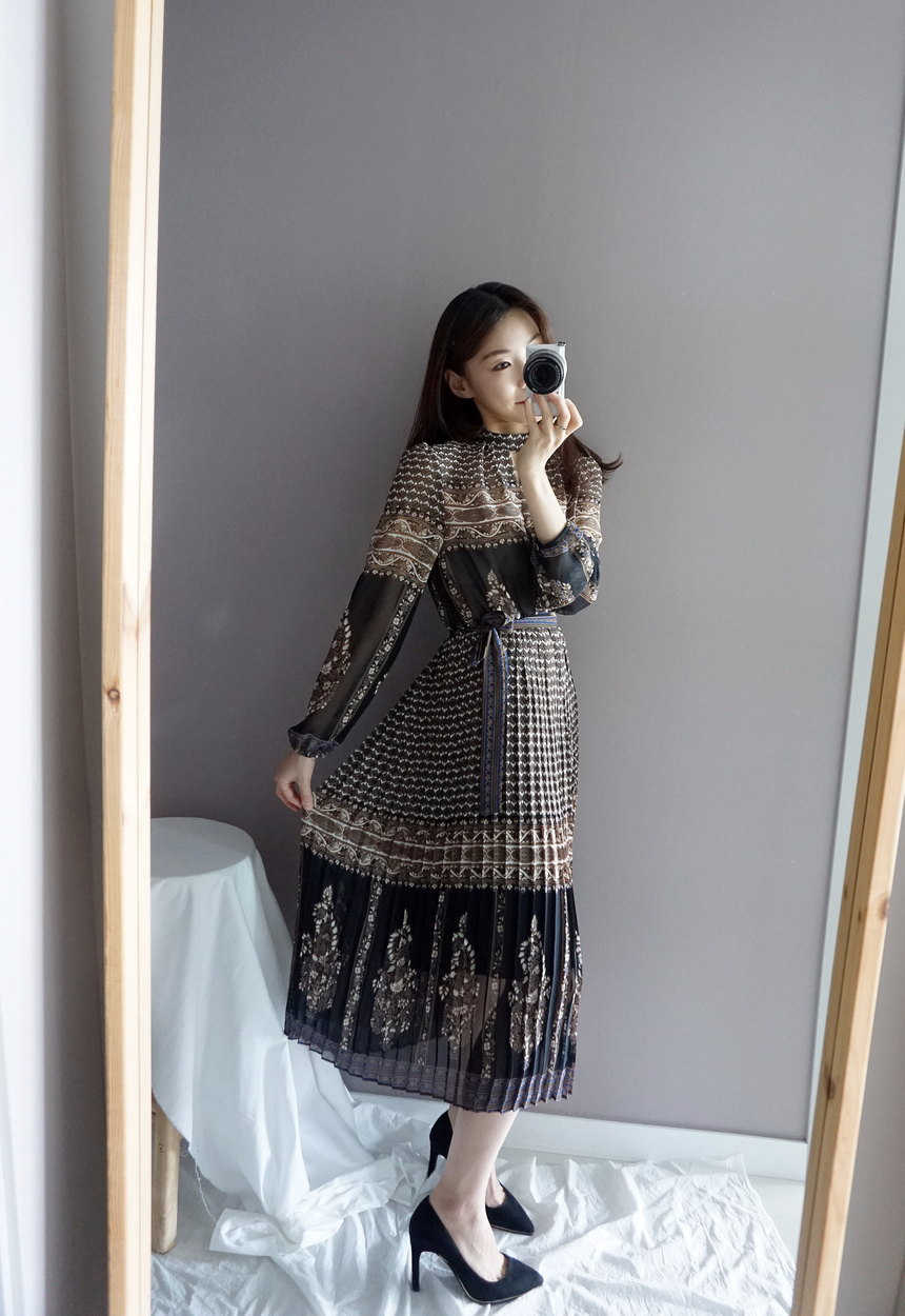 Chiffon Pleated Ethnic Long Dress Fall Collar 2col