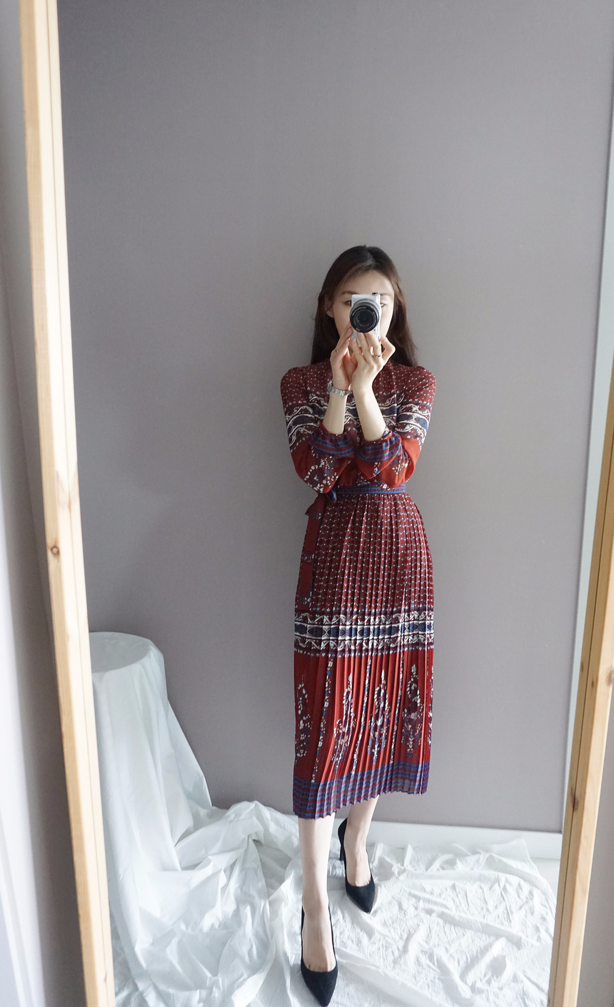 Chiffon Pleated Ethnic Long Dress Fall Collar 2col