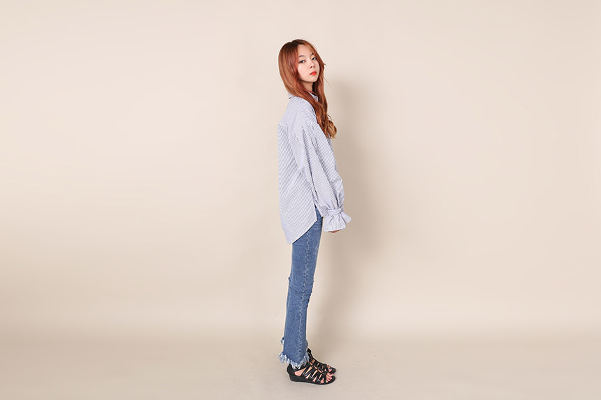 Big Size Over Luzplated Stripe Shirt Bell Sleeve S