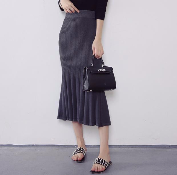 J-knit long skirt pleat 3color womens ruffle Merma