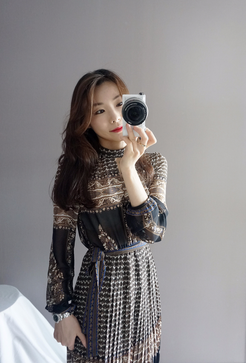 Chiffon Pleated Ethnic Long Dress Fall Collar 2col