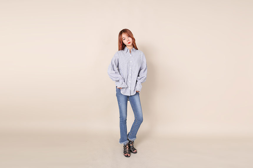 Big Size Over Luzplated Stripe Shirt Bell Sleeve S