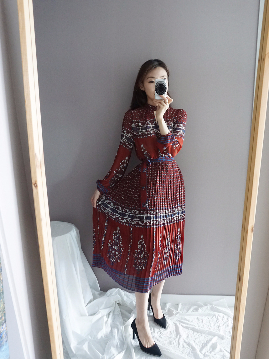 Chiffon Pleated Ethnic Long Dress Fall Collar 2col