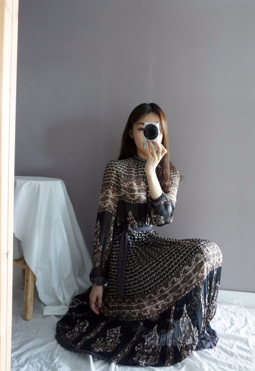 Chiffon Pleated Ethnic Long Dress Fall Collar 2col