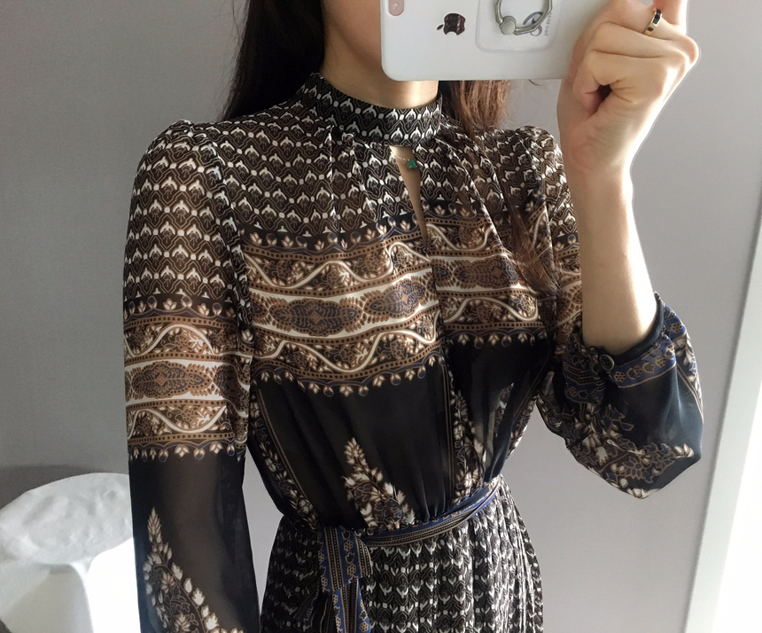 Chiffon Pleated Ethnic Long Dress Fall Collar 2col