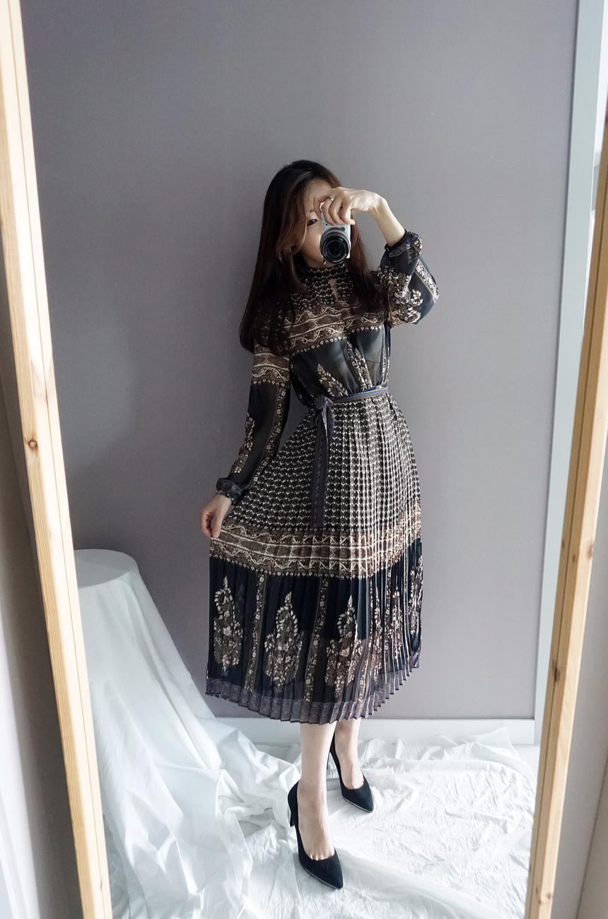 Chiffon Pleated Ethnic Long Dress Fall Collar 2col